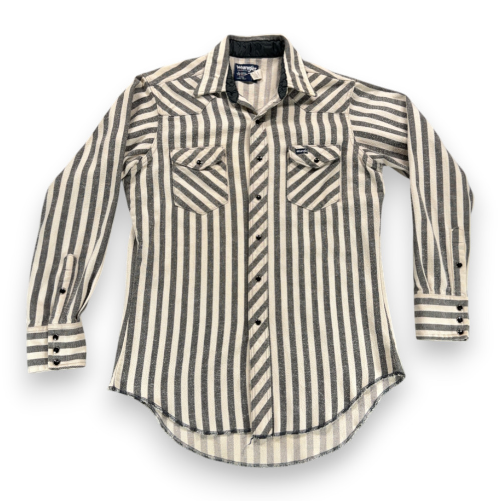 Vintage Wrangler Western Shirt Adult MEDIUM Gray White Striped Flannel USA 80s